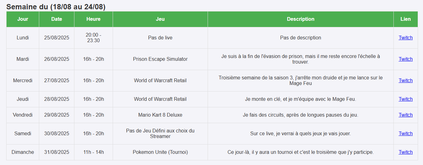 Sur cette image, je vous montre le planning de la semaine du 25 au 31 Août 2025